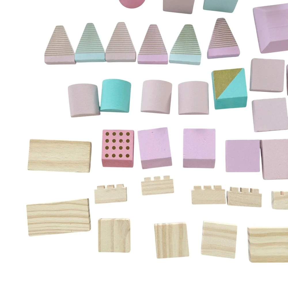 Wooden Building Blocks Kids Pink Green Pastel Geometric Set 70pc
